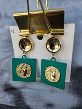 Load image into Gallery viewer, Handmade Teal Gold Square Earrings