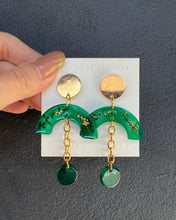 Load image into Gallery viewer, Green Resin Dangling Earrings with Gold Flakes