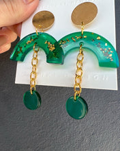 Load image into Gallery viewer, Green Resin Dangling Earrings with Gold Flakes