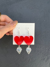 Load image into Gallery viewer, Red Heart with Clear Dangling Diamond Handmade Resin Earrings