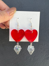 Load image into Gallery viewer, Red Heart with Clear Dangling Diamond Handmade Resin Earrings