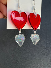 Load image into Gallery viewer, Red Heart with Clear Dangling Diamond Handmade Resin Earrings