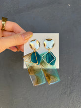 Load image into Gallery viewer, Green & Gold Shading Rectangle Handmade Resin Earrings