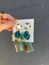 Load image into Gallery viewer, Green & Gold Shading Rectangle Handmade Resin Earrings