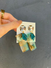 Load image into Gallery viewer, Green & Gold Shading Rectangle Handmade Resin Earrings