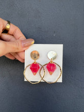 Load image into Gallery viewer, Red Diamond Shape Resin Earrings with Gold Circle Hollow Out