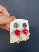 Load image into Gallery viewer, Red Diamond Shape Resin Earrings with Gold Circle Hollow Out