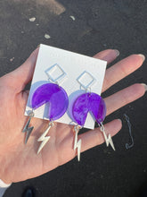 Load image into Gallery viewer, Purple Handmade Resin Earrings with Dangling Silver Lightning Bolt
