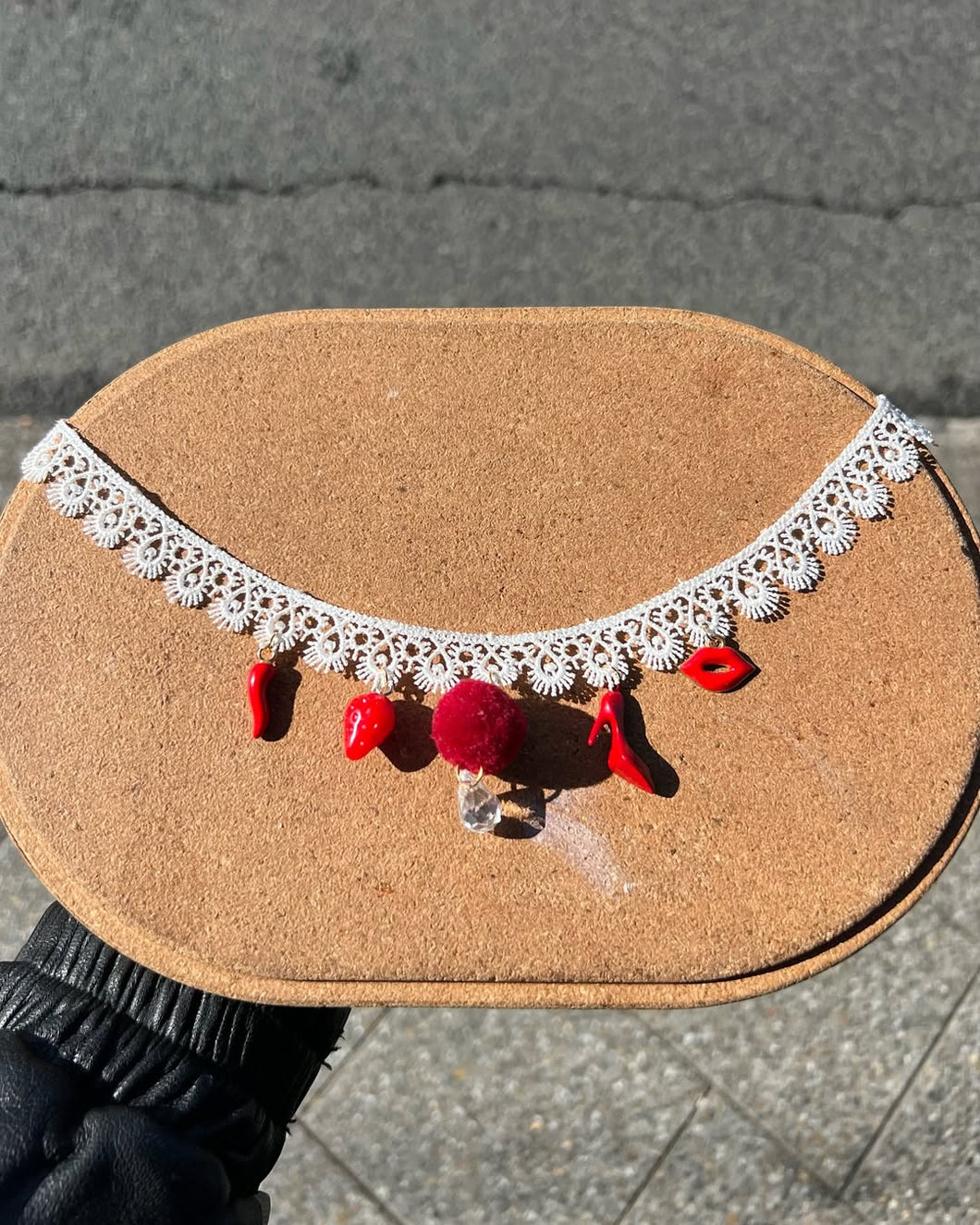 Handmade Custom Lace Choker Red Theme Charm Necklace