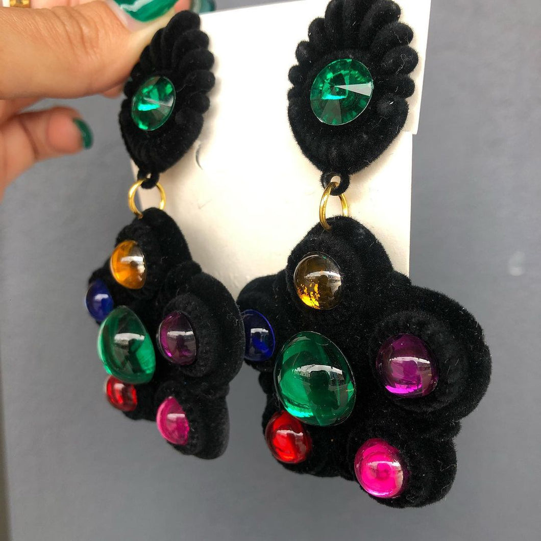 Velvet-textured Black Flower with coloured beads Clip-on Earrings