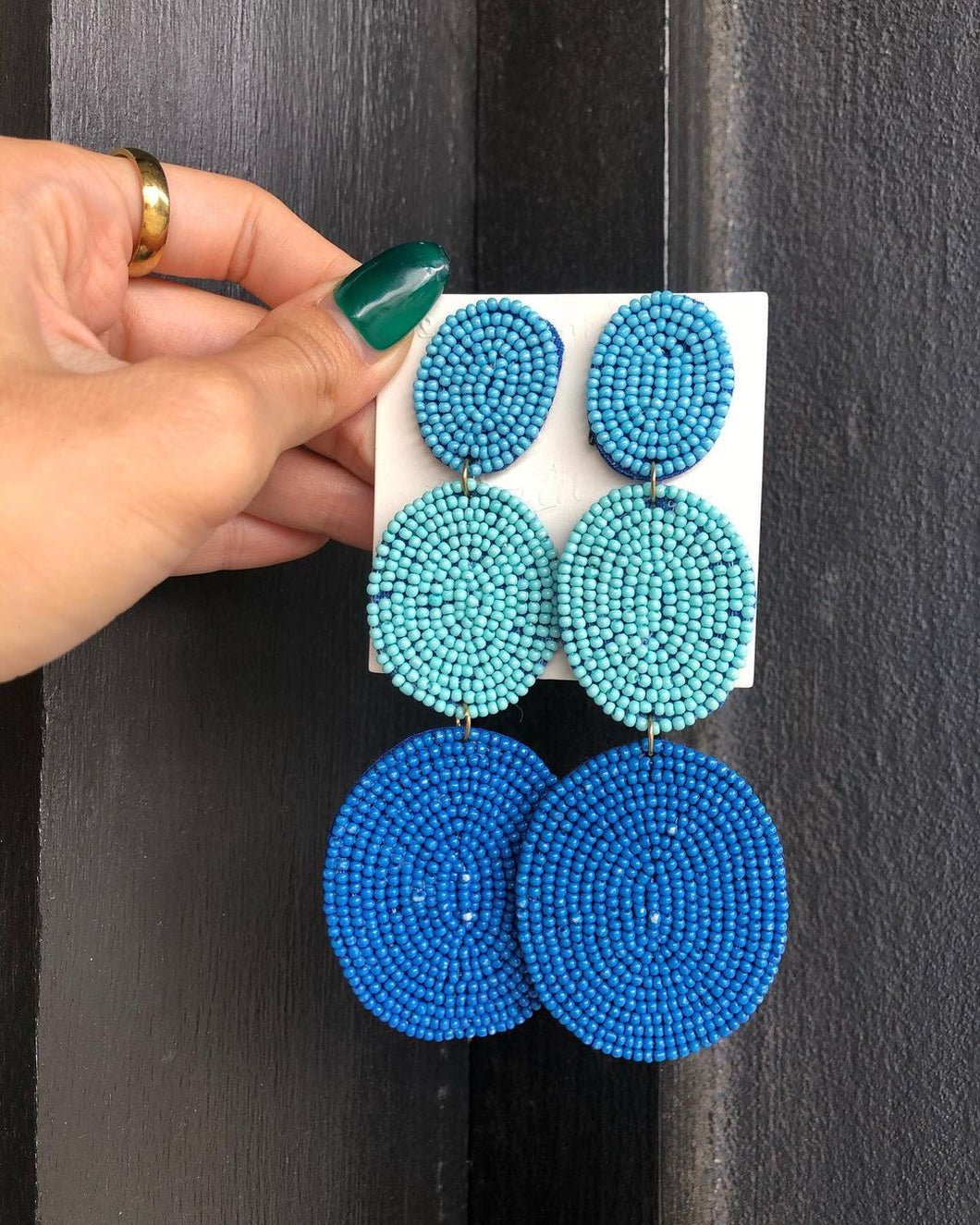 Beads in Fabric Blue Round Earrings