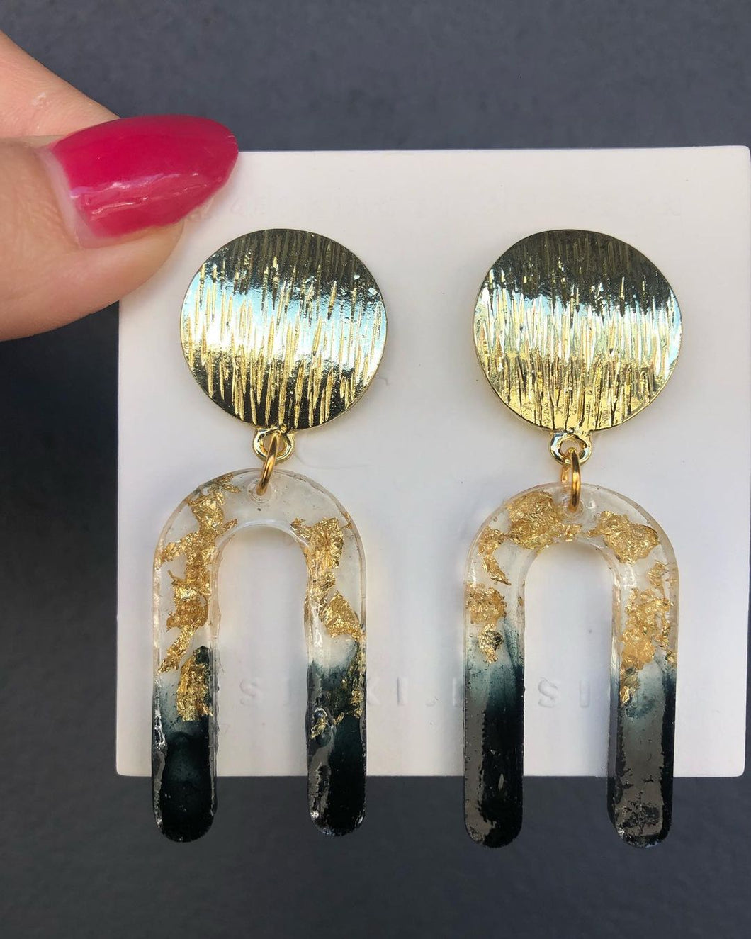 Handmade Resin Black Gold Flakes Earrings