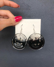 Load image into Gallery viewer, Resin Handmade Big Round Black Ink with Silver flakes Earrings or Necklace Pendant
