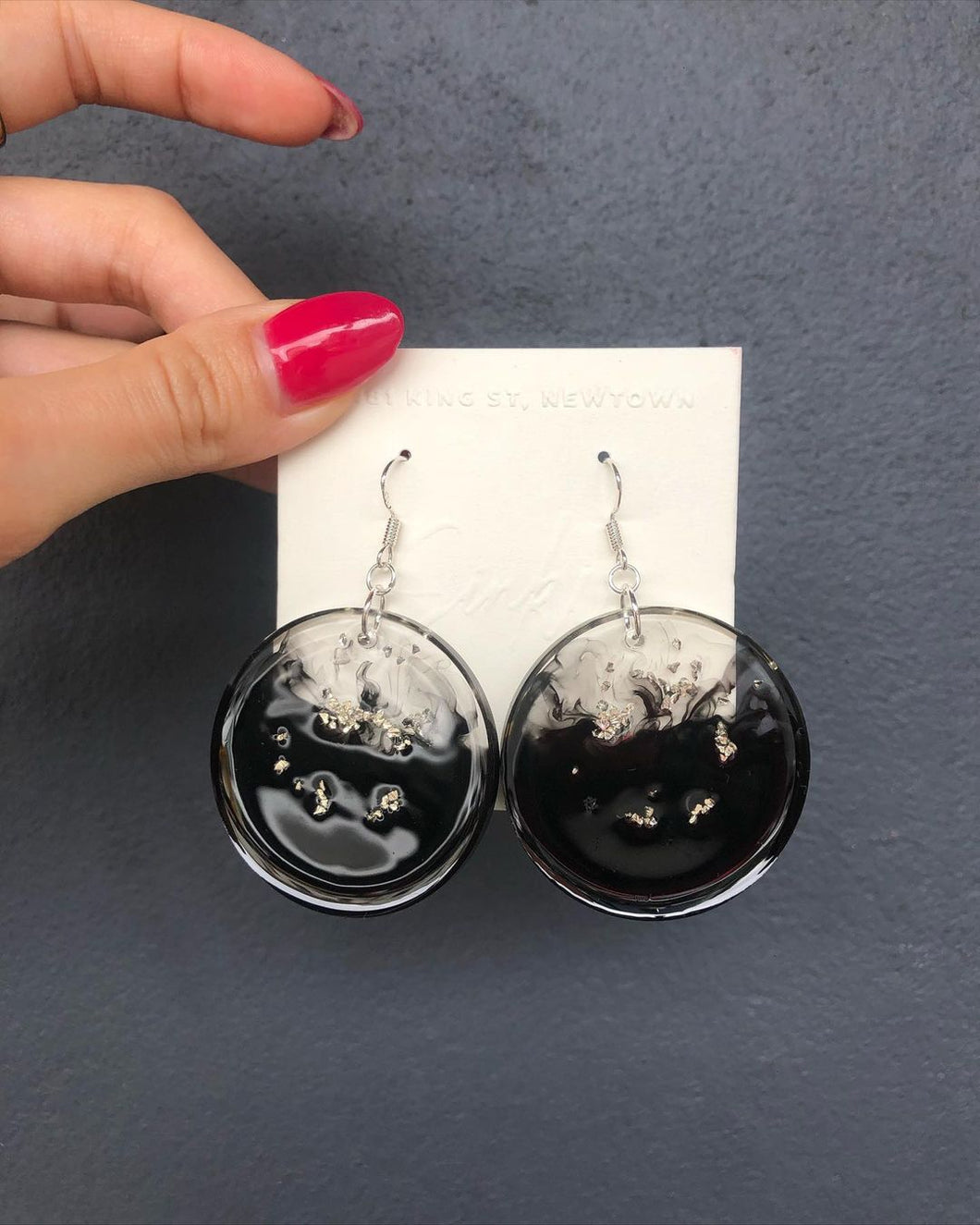 Resin Handmade Big Round Black Ink with Silver flakes Earrings or Necklace Pendant