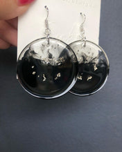 Load image into Gallery viewer, Resin Handmade Big Round Black Ink with Silver flakes Earrings or Necklace Pendant
