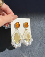 Load image into Gallery viewer, Gold Water Drop Resin Handmade Earrings with Pearls
