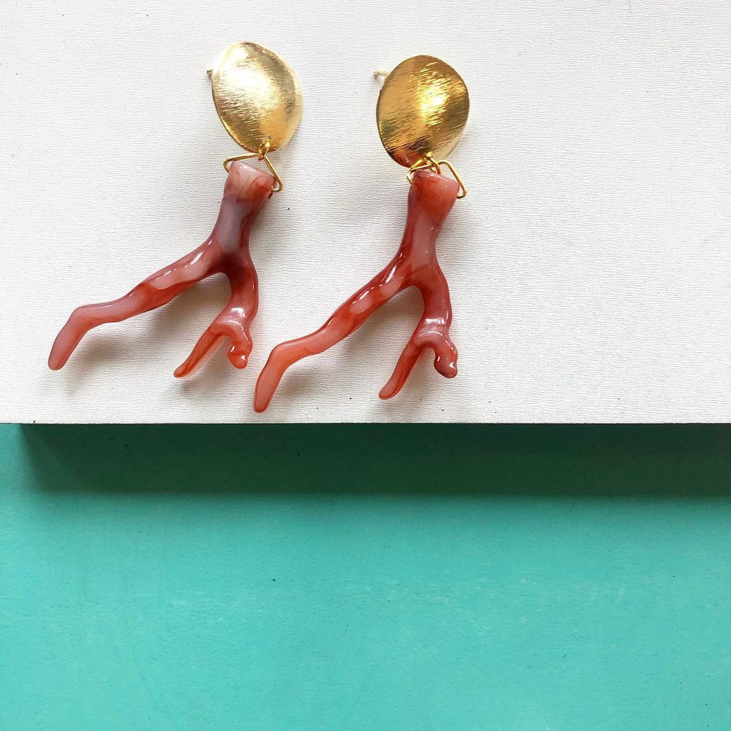 Gold Oval Branch Resin Earrings