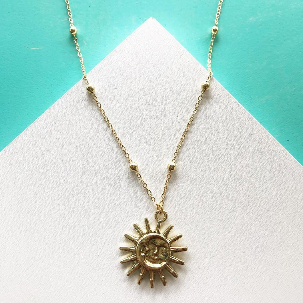 Smiling Sun Brass Gold Bead Necklace