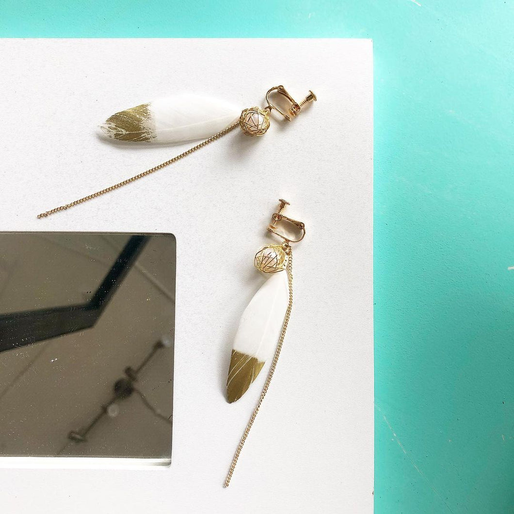 Feather with Pearl Fringe Earrings