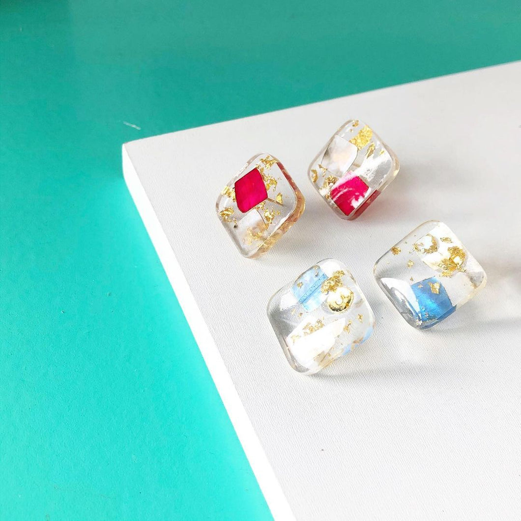 Gold Foil with Color Bead Square Resin Stud Earrings