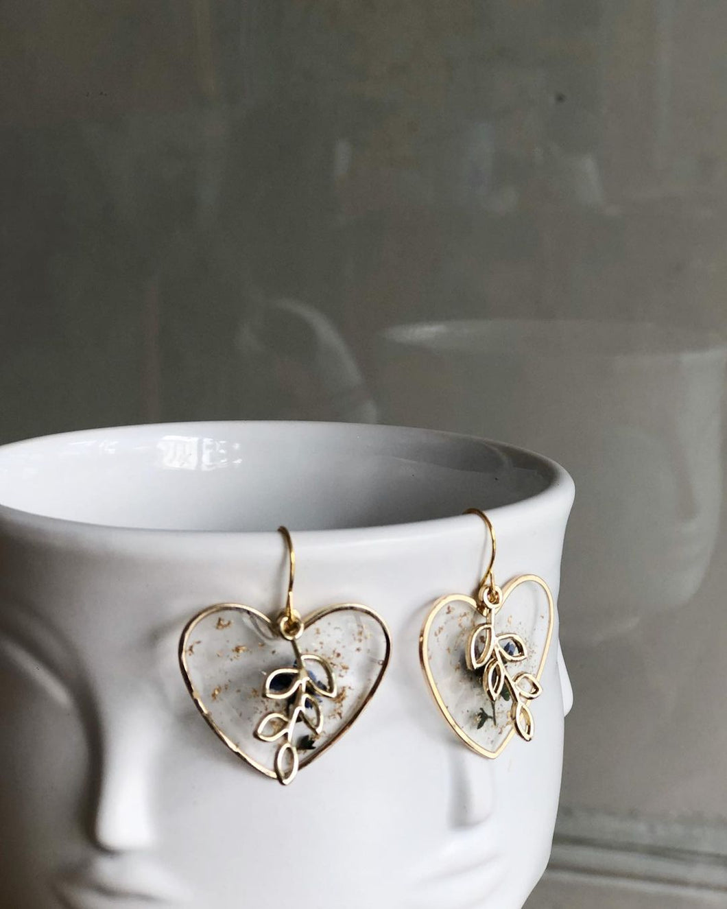 Dried Flower with Heart Shape Resin Earrings