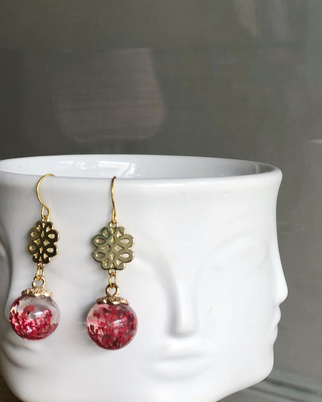 Dried Flower Glass Ball Drop Earrings