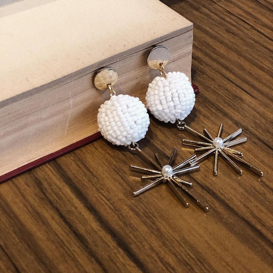 White beaded-Sphere with Star and Pearl Drop Earrings