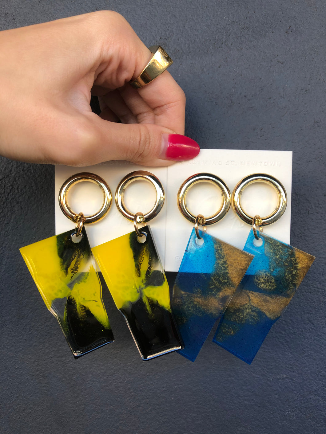 Rectangle Pattern Resin Yellow+Black / Blue+Gold Earrings