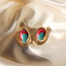 Load image into Gallery viewer, Oval Red and Blue patterned faux-vintage Earrings
