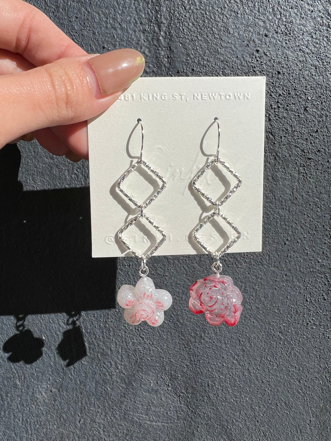 Silver Geometric Dangling Handmade Earrings with Pink Resin Flowers