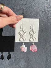 Load image into Gallery viewer, Silver Geometric Dangling Handmade Earrings with Pink Resin Flowers
