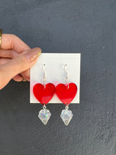 Load image into Gallery viewer, Red Heart with Clear Dangling Diamond Handmade Resin Earrings
