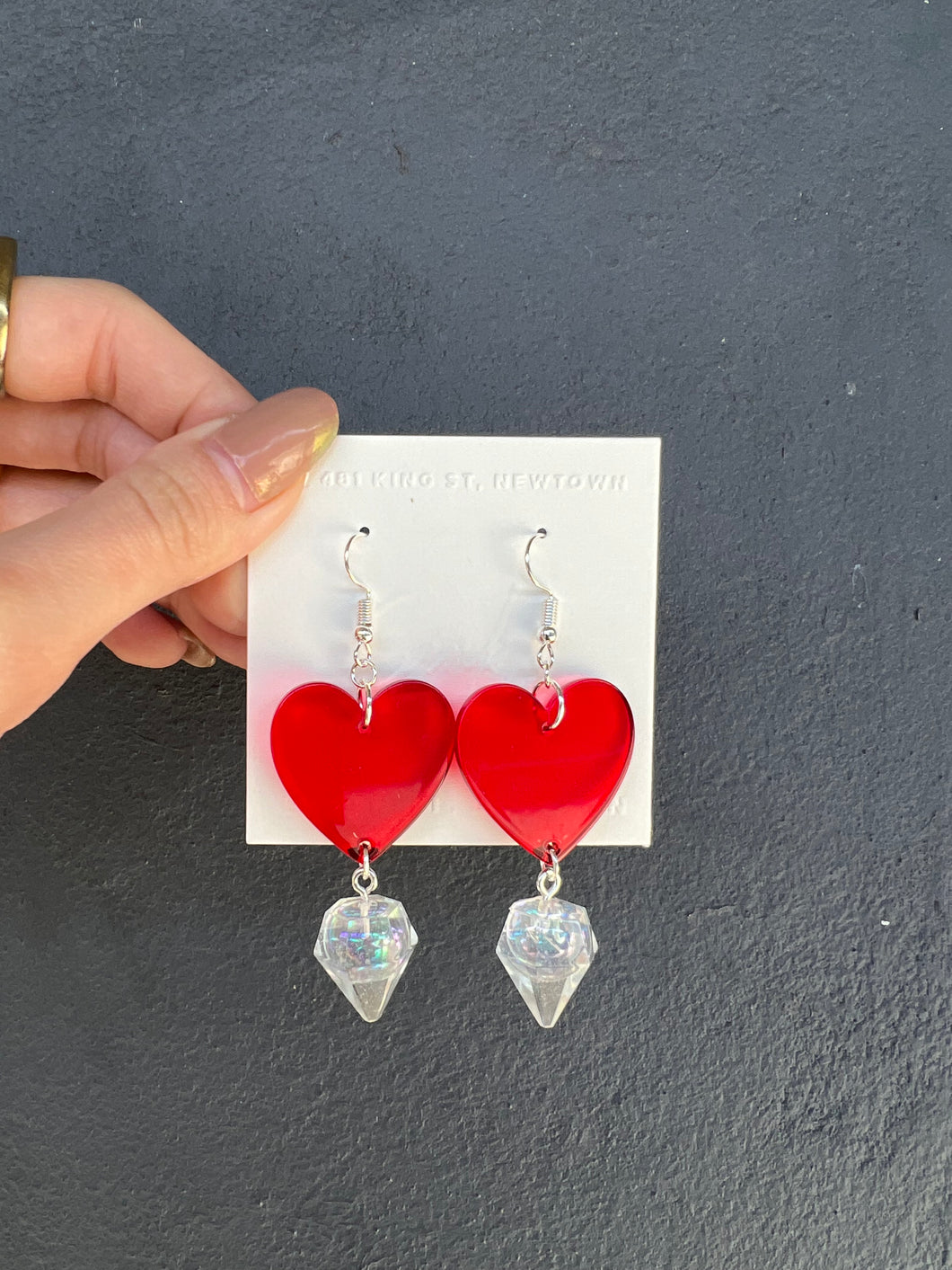 Red Heart with Clear Dangling Diamond Handmade Resin Earrings