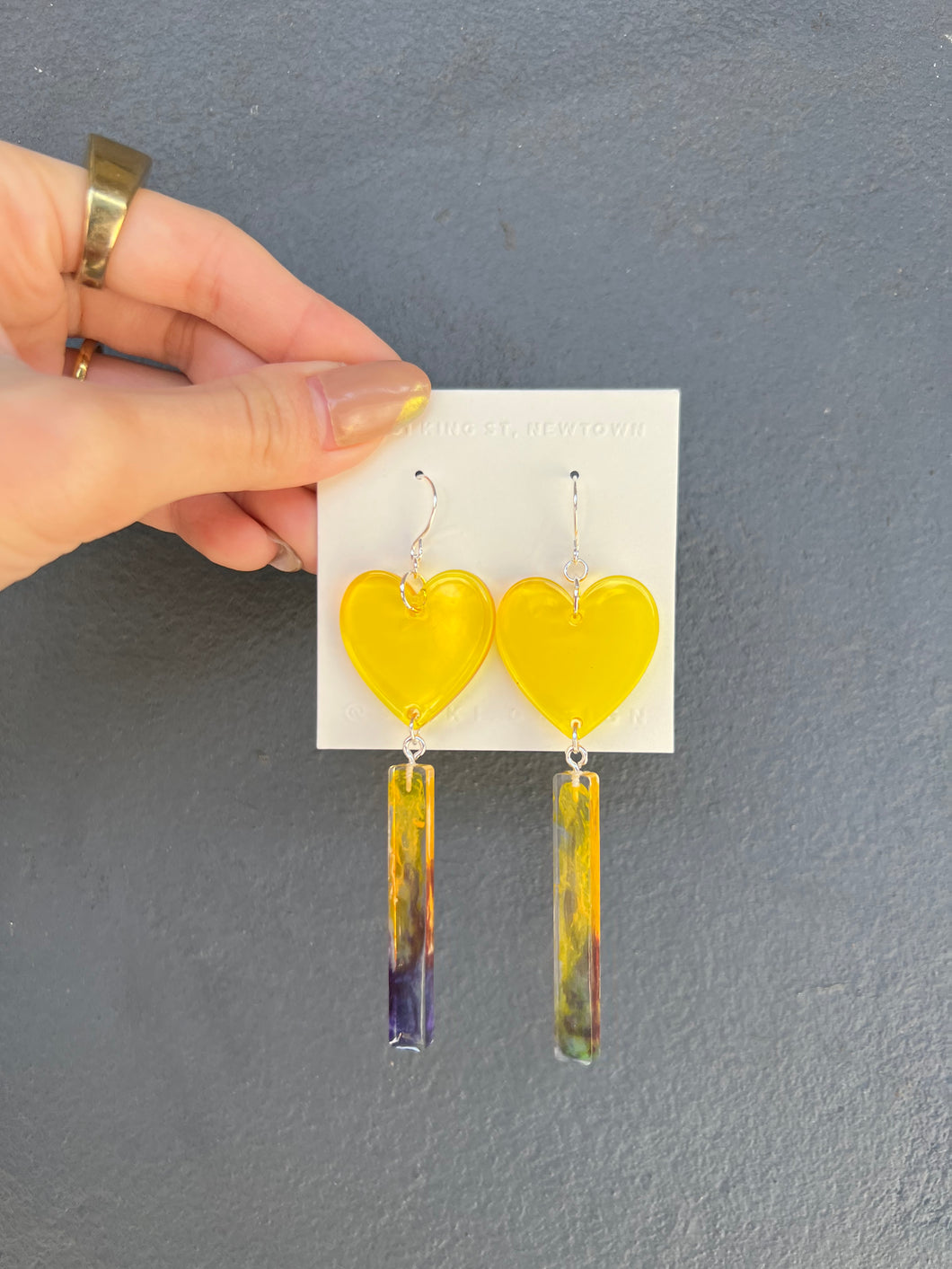 Yellow Heart with Long Dangling Strips Handmade Resin Earrings