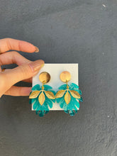 Load image into Gallery viewer, Green &amp; Gold Leaves Handmade Resin Earrings
