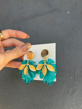 Load image into Gallery viewer, Green &amp; Gold Leaves Handmade Resin Earrings
