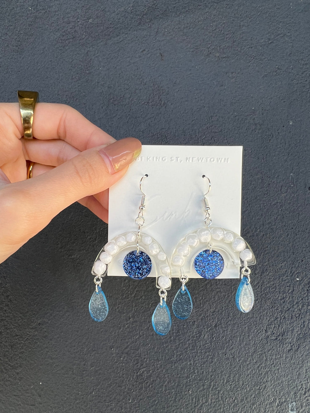 Blue & White Bubble Wrap Handmade Resin Earrings with Dangling Water Drops