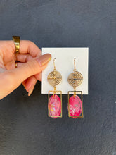 Load image into Gallery viewer, Pink Shading Resin with Gold Geometric Hollow Out Handmade Earrings
