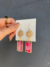 Load image into Gallery viewer, Pink Shading Resin with Gold Geometric Hollow Out Handmade Earrings
