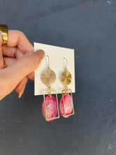 Load image into Gallery viewer, Pink Shading Resin with Gold Geometric Hollow Out Handmade Earrings
