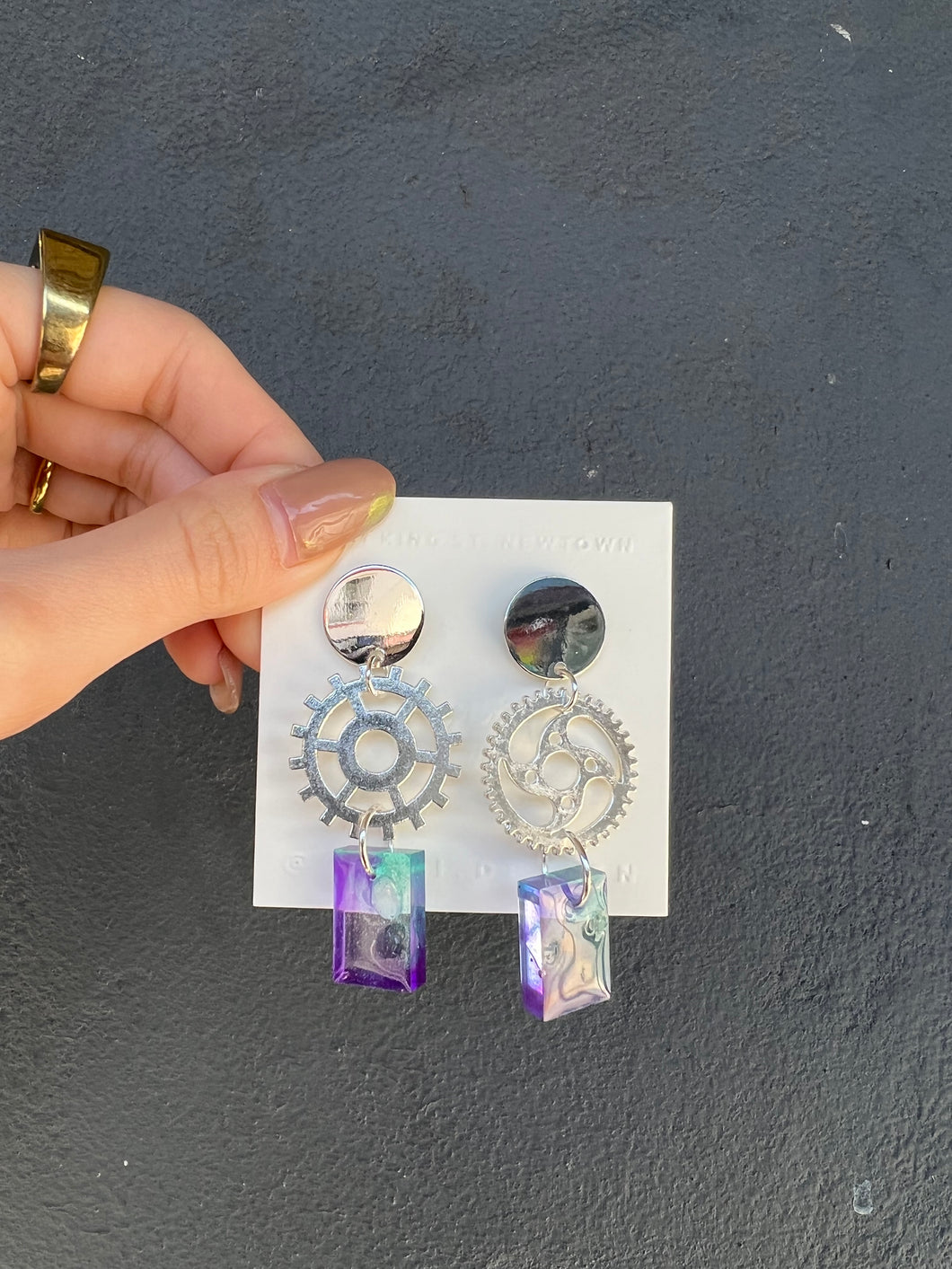 Silver Gear with Purple Shading Handmade Resin Earrings