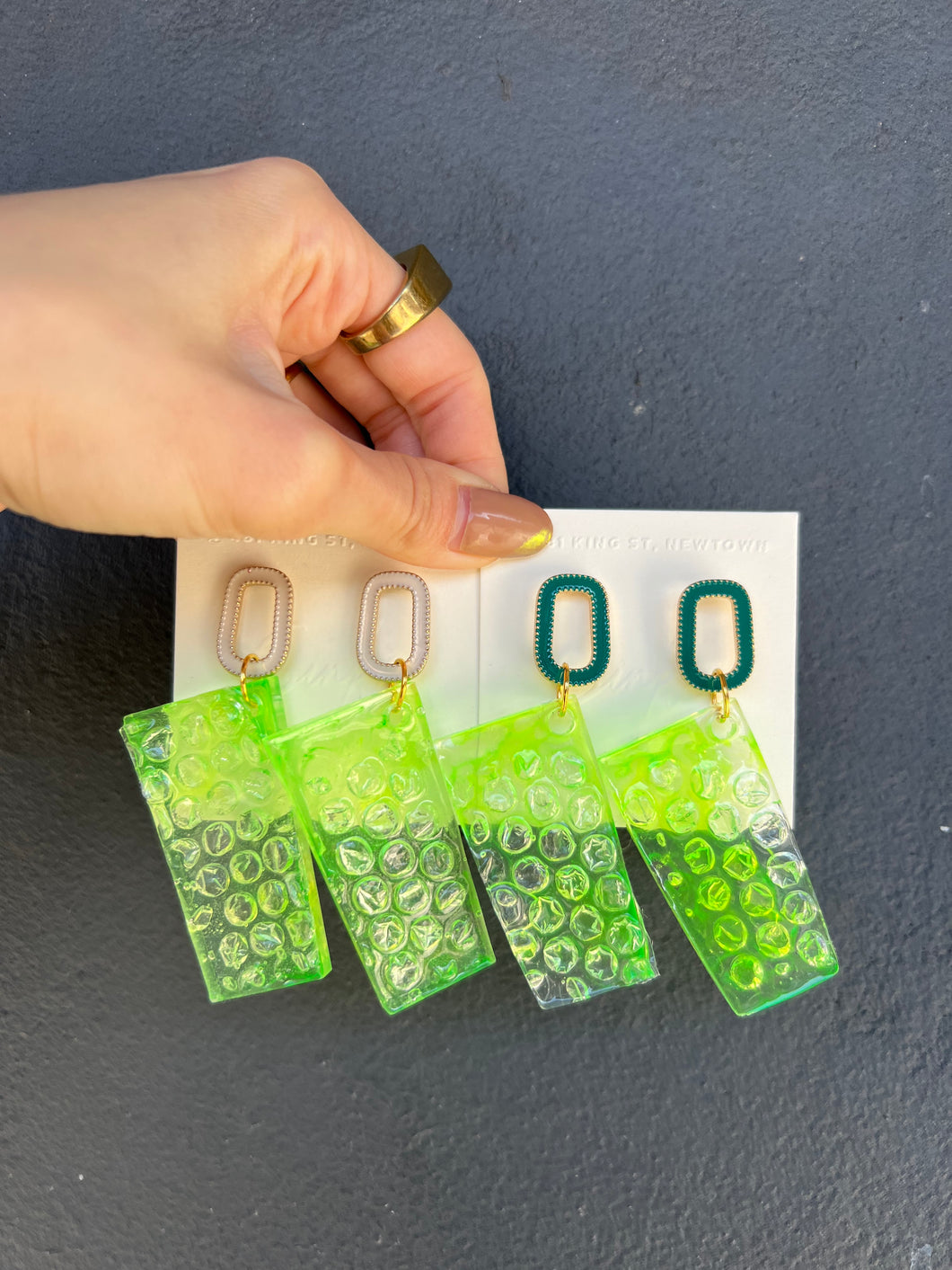 Green Bubble Wrap Rectangle Resin Handmade Earrings