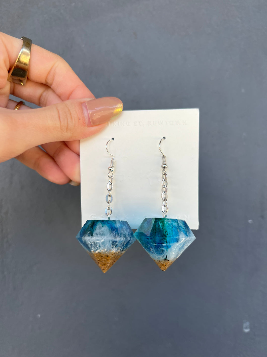 Blue & Sand Shading Dimond Shaped Handmade Resin Earrings