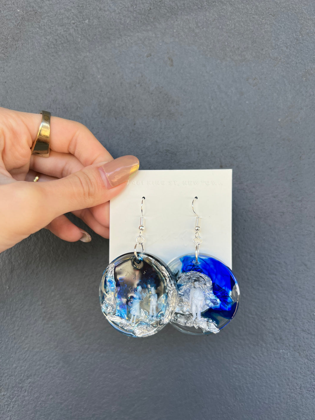 Blue & Black Shading Handmade Resin Earrings with Mini Human and Silver Flakes