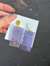 Load image into Gallery viewer, Purple Rectangle Handmade Resin Earrings with Colour Stones
