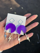 Load image into Gallery viewer, Purple Handmade Resin Earrings with Dangling Silver Lightning Bolt
