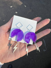 Load image into Gallery viewer, Purple Handmade Resin Earrings with Dangling Silver Lightning Bolt
