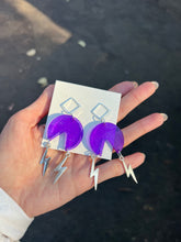 Load image into Gallery viewer, Purple Handmade Resin Earrings with Dangling Silver Lightning Bolt
