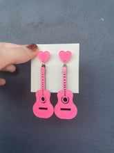 Load image into Gallery viewer, Pink Sparkly Guitar Earrings
