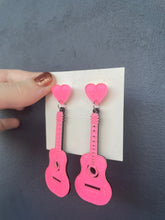 Load image into Gallery viewer, Pink Sparkly Guitar Earrings
